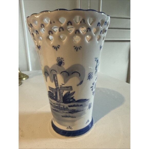 Vintage Delftware Royal Twickel Holland Blue White Pierced Windmill 6" Vase - Picture 4 of 7
